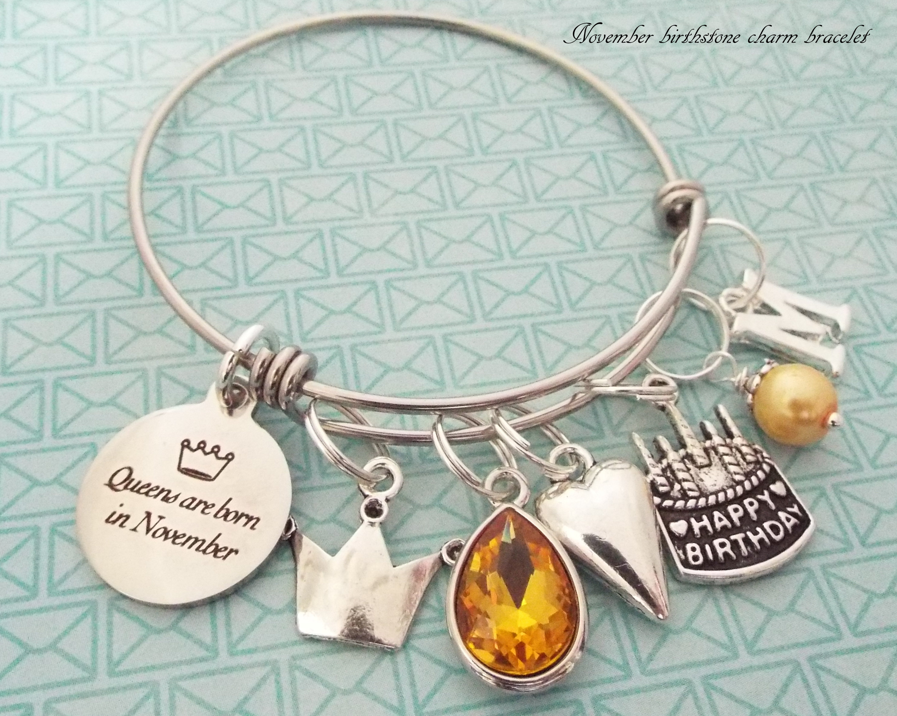 November Birthstone, Personalized Charm Bracelet, Customized