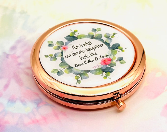 Handmade Gift for Babysitter, Compact Make Up Mirror, Kid Gift, Personalized Birthday Gift for Her, Thank you Gift, Appreciation, Rose Gold