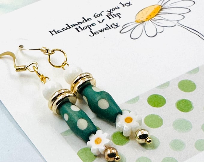 Daisy and Polka Dot Dangle Earrings, Handmade Wood and Bone Bead Jewelry with Gold Accents, Gift Boxed, Friend Gift