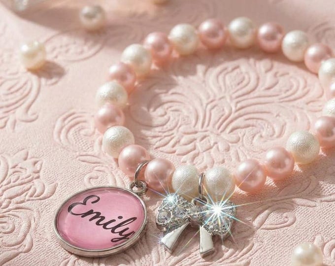 Personalized Name Bracelet for Girls, Custom Pink Pearl Beaded Jewelry with Bow Charm