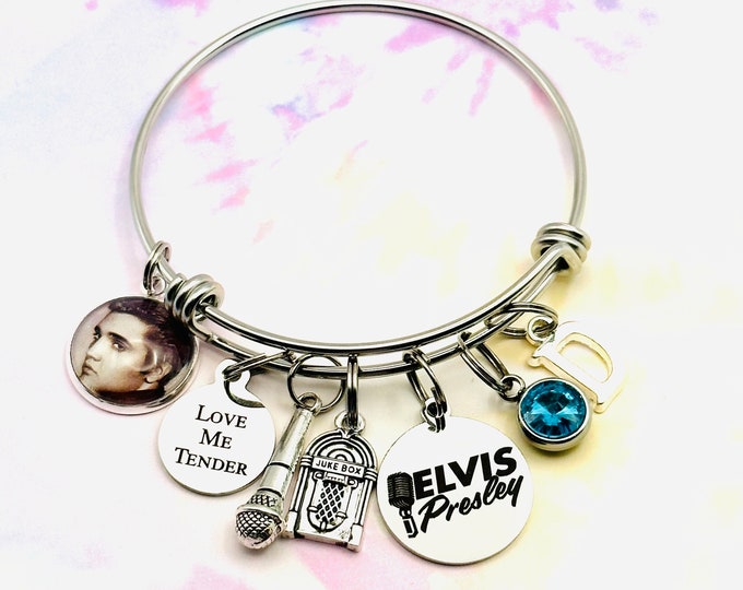 Elvis Presley Gift, Initial Charm Bracelet, Personalized Jewelry, Best Friend,  Gift for Her, Birthstone Bracelet, Handmade Gift, Music Fan