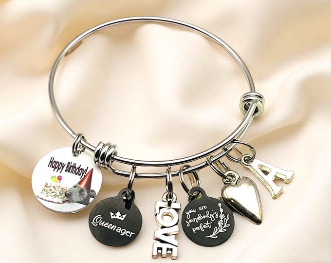 Personalized Charm Bracelet: Stainless Steel Initial Bangle, Teen Girl Gift
