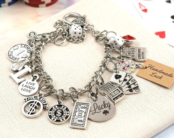 Lucky Casino Charm Bracelet: Personalized Initial & Birthstone, Vegas Jewelry