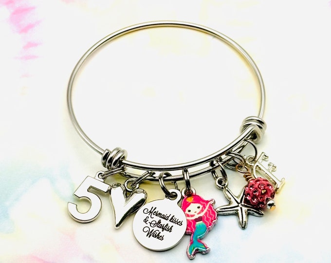 Mermaid, Charm Bracelet, Gift for Kid, Handmade Gifts, Personalized Jewelry, Silver Heart, Handmade Birthday Gift for Her, Initial Bracelet