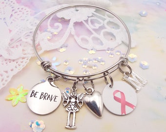 Breast Cancer Survivor Bracelet: Pink Ribbon Charm, Initial, Stainless Steel