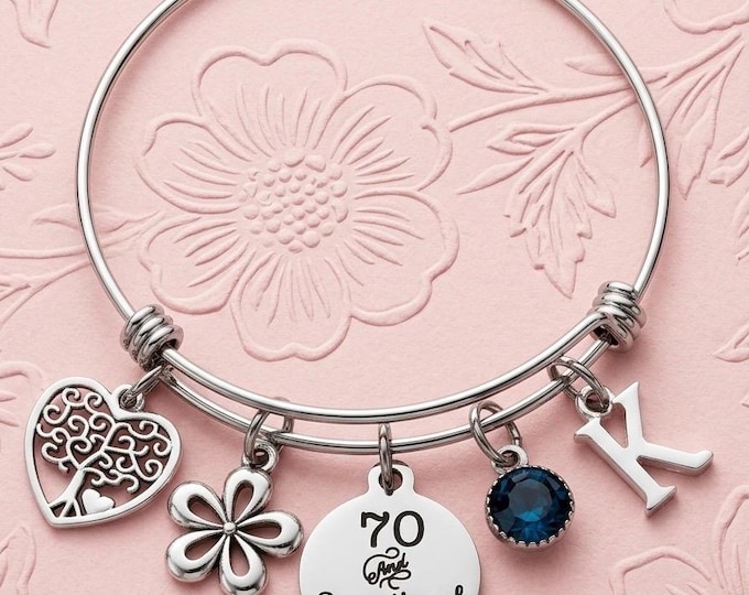 70th Birthday Charm Bracelet: Personalized Birthstone Initial, Stainless Steel Bangle