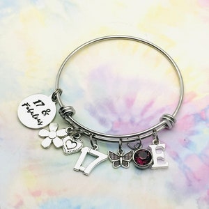17th Birthday Charm Bracelet: Personalized Stainless Steel Bangle