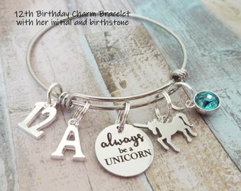 Girls Birthday Gift, Unicorn Charm Bracelet, 12 Year Old Girl Gift, Engraved Bracelet, Personalized Gift, Initial Bracelet, Gift for Her