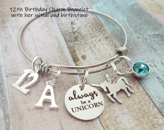 Girls Birthday Gift, Unicorn Charm Bracelet, 12 Year Old Girl Gift, Engraved Bracelet, Personalized Gift, Initial Bracelet, Gift for Her