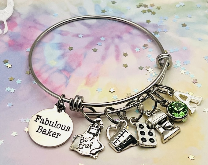 Personalized Mom Gift, Fabulous Baker Charm Bracelet, Handmade Gift for Woman, Engraved Initial Bracelet, Gift for Her, Women's Bracelet