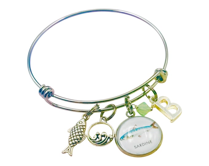 Personalized Sardine Jewelry, Initial Bracelet, Birthday Gift for Her, Fish Lover Jewelry, Personalized Coastal Bracelet, Beach Lover Gift