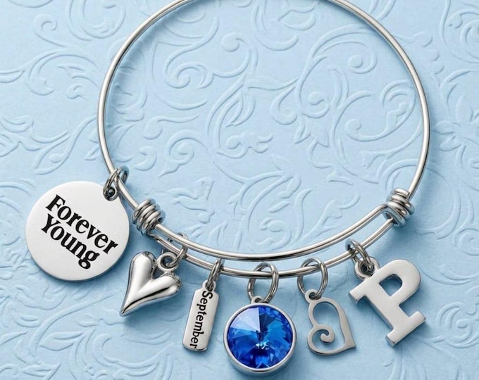 Forever Young Bangle, Custom September Birthstone Bracelet, Birthday Gift for Woman