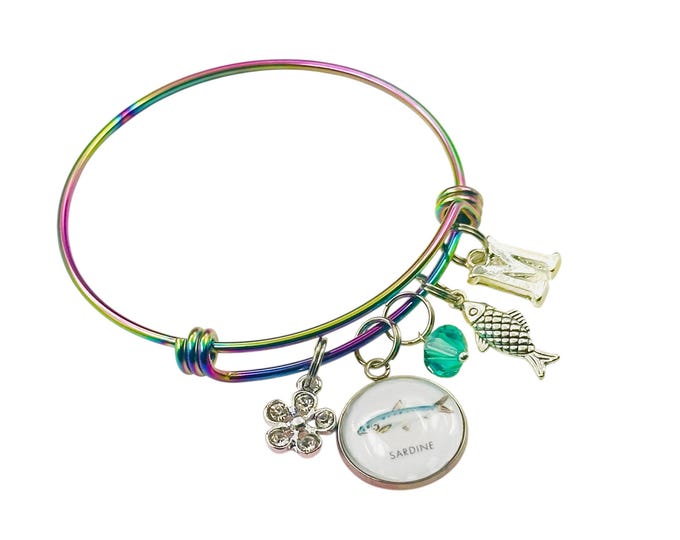 Custom Sardine Jewelry, Personalized Initial Charm Bracelet, Unique Birthday Gift for Her, Handmade Coastal Bracelet, Ocean Lover Gift