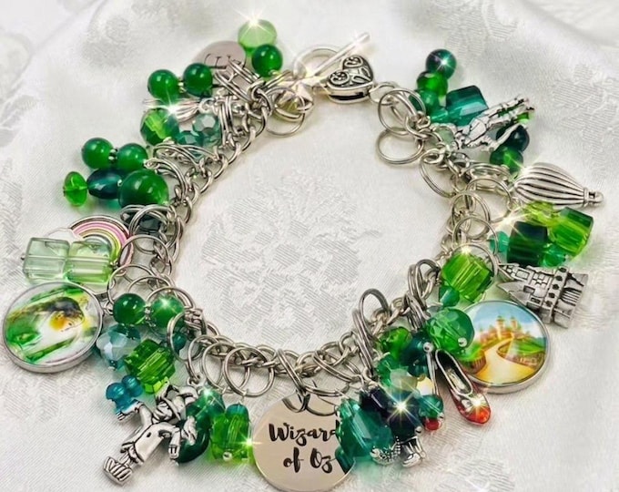 Wizard of Oz Charm Bracelet, Beaded Emerald City, Personalized Initial Jewelry, Women’s Birthday