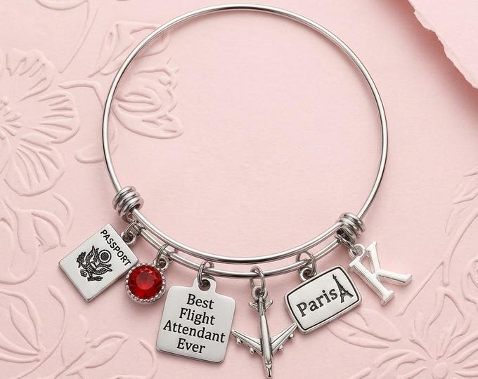 Personalized Flight Attendant Charm Bracelet, Custom Silver Crew Wings
