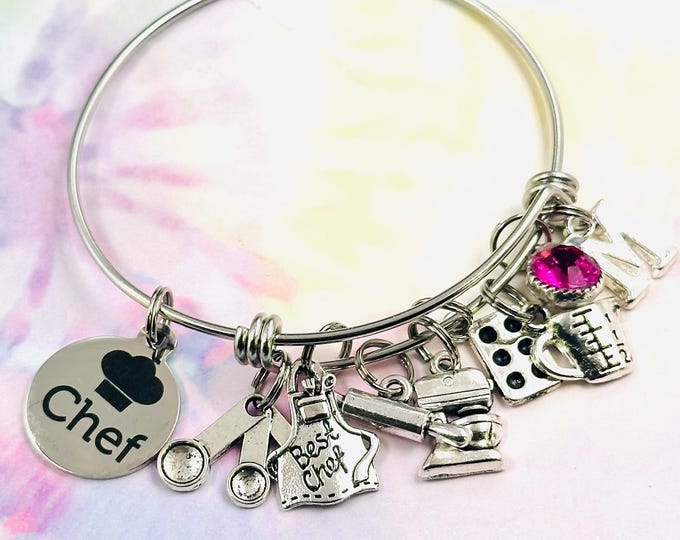 Gift Ideas for Chef, Personalized Silver Jewelry, Gift for Her, Cook's Apron, Kitchen Utensils, Charm Bracelet for Baker, Initial Bracelet