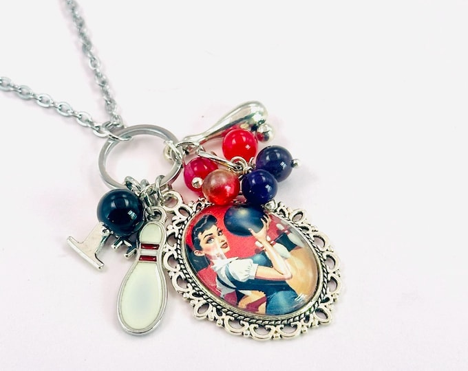 Vintage Style Bowling Necklace, Personalized Gift for Her, Retro Art Jewelry, Initial Necklace, Mid Century Artwork, Gift for Bowler