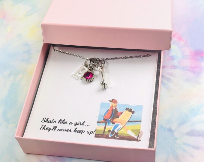 Skateboard Girl, Silver Necklace, Initial Necklace, Personalized Gift, Birthstone Necklace, Gift for Skateboarder, Gift for Her, Gift Boxed