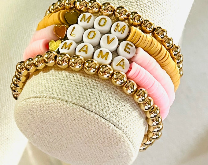 Custom Heishi Bead Name Bracelet | Personalized Beaded Bracelet with Name | Gold Filled Stacking Bracelet | Gold Heart Bracelet | Layered