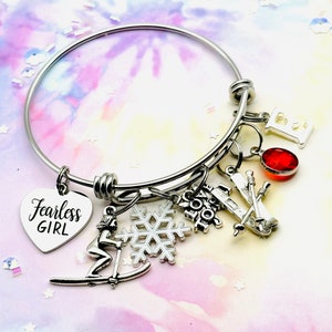 Ski Charm Bracelet: Personalized Initial, Birthstone, Snowflake, Stainless Steel