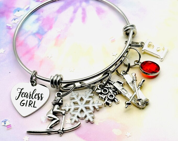 Ski Jewelry, Personalized Jewelry, Handmade Gift, Women's Jewelry, Initial Charm Bracelet, Silver Bracelet, Gift Box Jewelry, Gift for Her