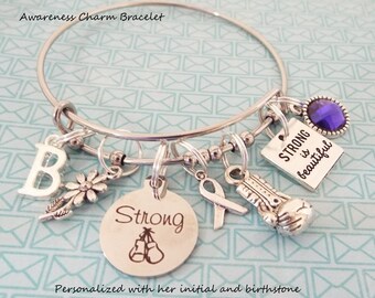 Bracelet à breloques Sensibilisation : initiales personnalisées et bijoux avec pierre de naissance