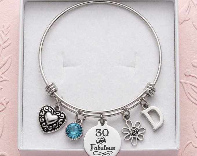 30th Birthday Charm Bracelet: Personalized Initial, Birthstone Jewelry