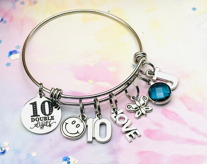 Birthday Gift for Her, Double Digits Charm Bracelet, 10th Birthday, Personalized Jewelry, 10 Year Old Girl, Initial Bracelet, Daughter Gift