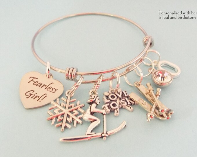 Ski Charm Bracelet, Gift for Skier, Custom Sports Jewelry, Personalized for Her, Birthstone Initial Bracelet, Gifts for Her, Skiing Gift