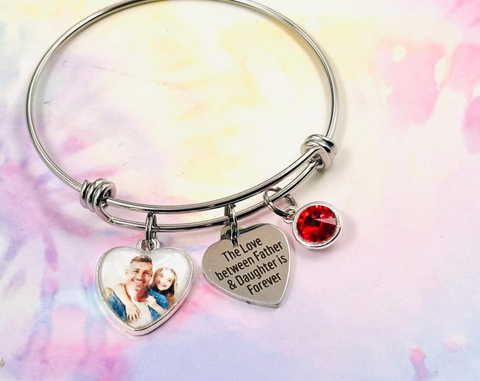 Custom Photo Charm Bracelet, Daughter Gift from Dad, Personalized Jewelry, Gift for Her, Custom Birthstone Jewelry, Father Gift to Daughter