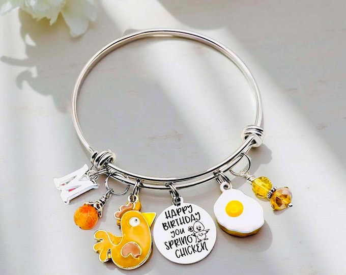 Chicken Charm Bangle Bracelet, Personalized Initial Silver Jewelry, Women's Birthday Gift