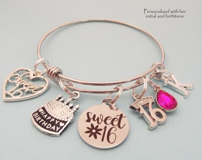 Sweet 16 Charm Bracelet, 16th Birthday Gift, Daughter Turning 16 Birthday Jewelry, Teenage Girl Birthstone, Initial Bracelet, Gift for Her