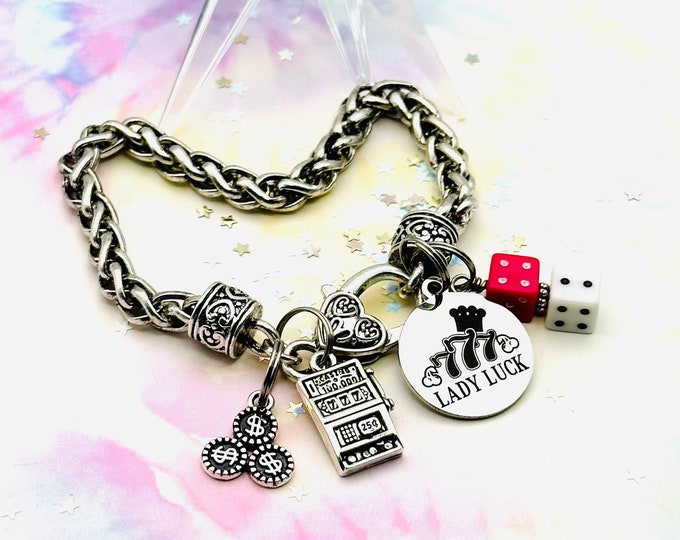 Casino Night Charm Bracelet, Good Luck Charm, Poker Chips Charm, Las Vegas Bracelet with