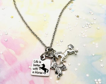 Horse Lover Necklace, Personalized Gift, Engraved Charm Necklace, Handmade Gift for Her, Gift for Her, Women’s Jewelry, Silver Necklace