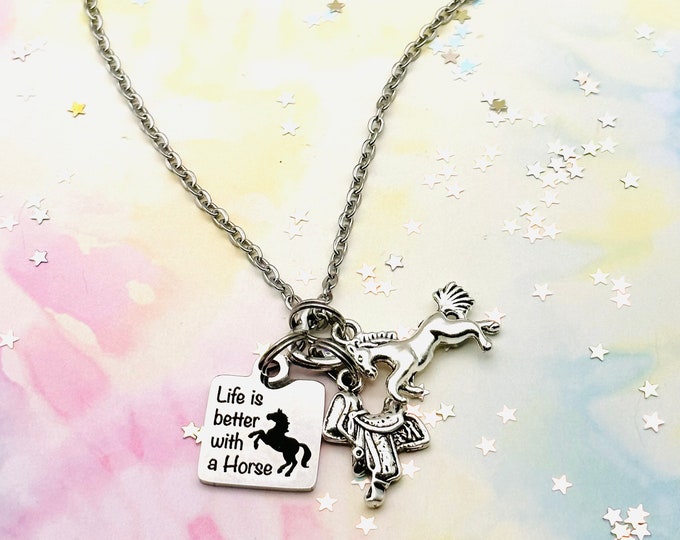 Horse Lover Necklace, Personalized Gift, Engraved Charm Necklace, Handmade Gift for Her, Gift for Her, Women’s Jewelry, Silver Necklace