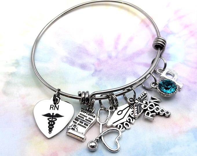 RN Graduate Bracelet With Initial and Birthstone, Personalized Nurse Gift
