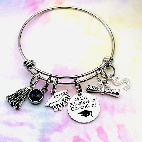 Teachers College Graduation Gift, Class of 2023,  Masters Degree in Education Charm Bracelet, Handmade Jewelry, Personalized Gift for Her