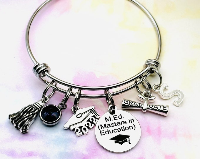 Teachers College Graduation Gift, Class of 2023,  Masters Degree in Education Charm Bracelet, Handmade Jewelry, Personalized Gift for Her