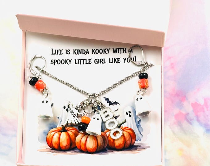 Ghost Necklace and Earring Gift Set, Vintage Spooky Girl Jewelry