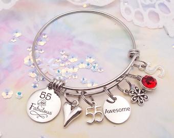 55th Birthday Charm Bracelet: Personalized Stainless Steel Bangle