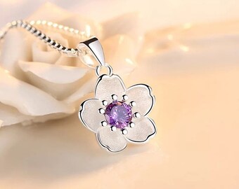 HCMA Collana in Argento Sterling 925 Delicato Rosa Chiaro con zirconi cubici in Cristallo con Ciondolo Fiore di ciliegio per Regali di Compleanno di Natale