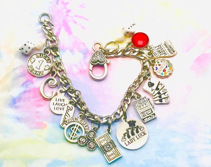 Casino Charm Bracelet Silver Gambling Lucky Charms Poker Dice Slot Machine Personalized Initial Birthstone Gift for Her, Vegas Trip Jewelry