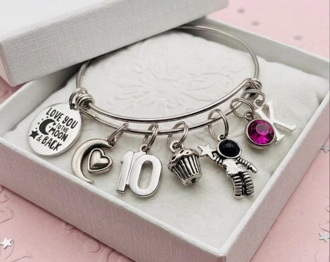 10th Birthday Astronaut Bangle, Space Theme Gift for Ten Year Old