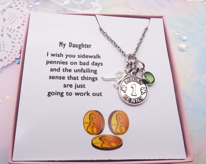 Daughter Gift, Lucky Penny Charm Necklace, Personalized Daughter Birthday Gift, Gift Girl Birthday, Birthday Ideas, Gifts for Her Birthday