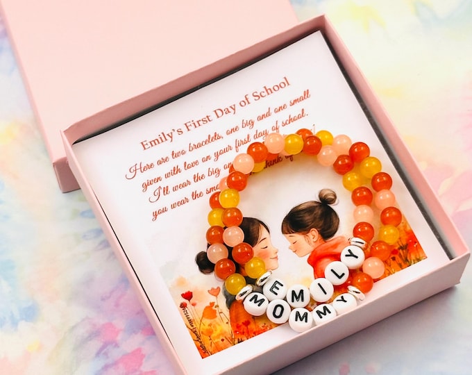Custom Mother Daughter Name Bracelet, Mommy and Me First Day of School Bracelet Set, Back to School Gift for Daughter, Personalized Jewelry