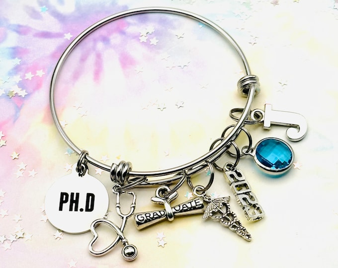 Graduation Gift for PHD, Class of 2023 Graduation, Graduate Charm Bracelet, Gift Idea for Woman, Personalized Silver Jewelry, Gift for Her