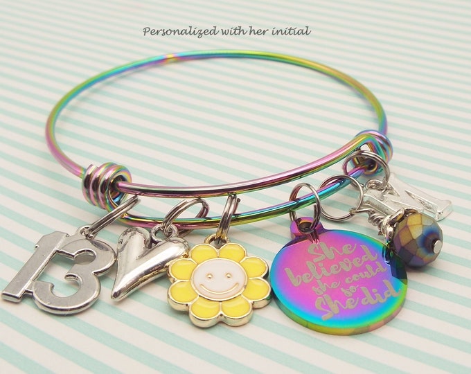 13th Birthday Girl Gift, She Believed She Could So She Did Charm, Rainbow Charm Bracelet, Handmade Jewelry, Personalized Handmade Gift