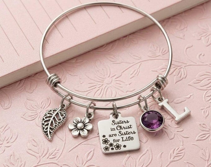 Christian Charm Bracelet: Personalized Birthstone Initial, Sisters Gift