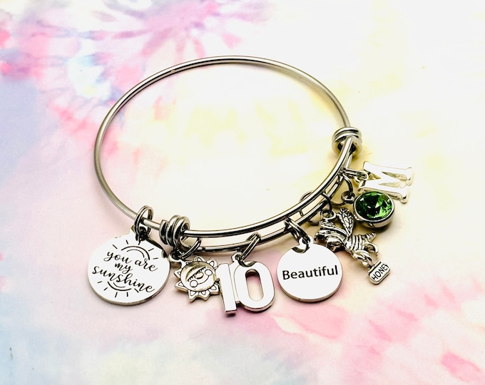 10th Birthday Gift, You Are My Sunshine Charm Bracelet, Personalized Birthstone Jewelry for Kids, Initial Bracelet, 10 Year Old Girl