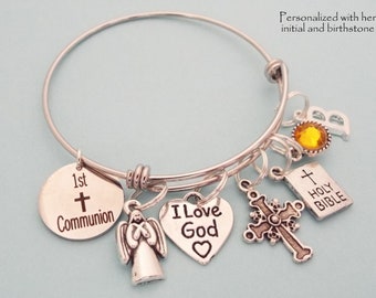 First Communion Charm Bracelet, Goddaughter Gift, Personalized Gift for Confirmation, Christian Jewelry Gift, Personalized Jewelry